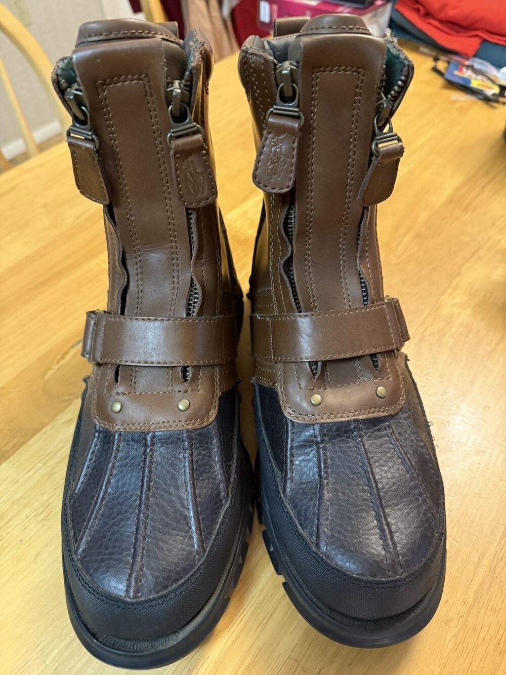 Polo Ralph Lauren Dwann Mens 10D Brown Black Leather Double Zip Buckle Boots